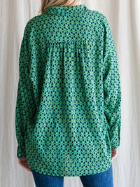 Geo Green Print Button Down Blouse