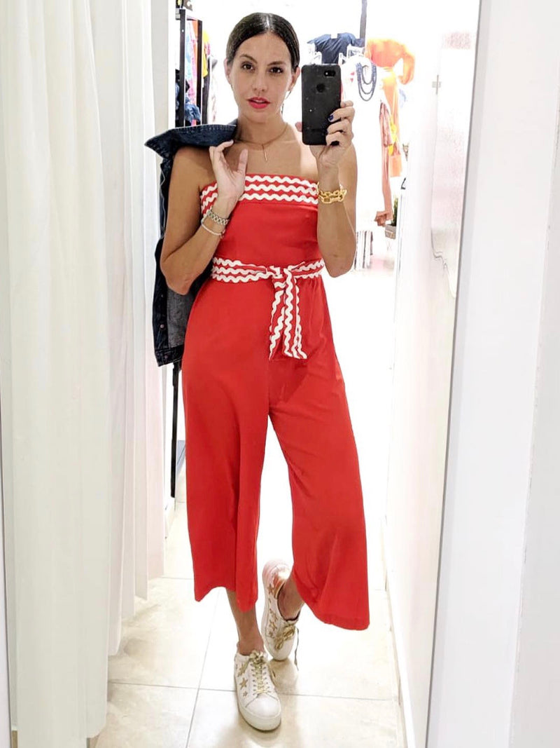 Tomato Trim Strapless Culote Jumpsuit