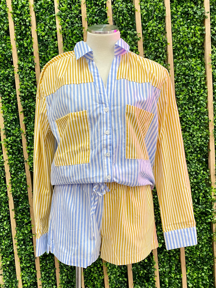 Yellow Blue Striped Block Short Pant Set