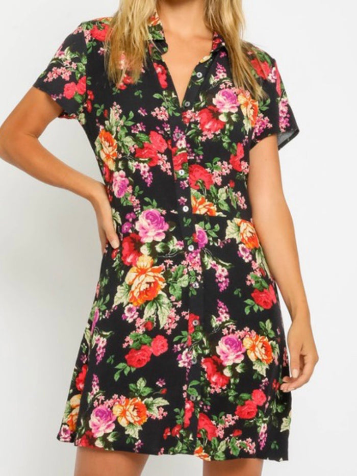 Black Red Floral Blouse Dress