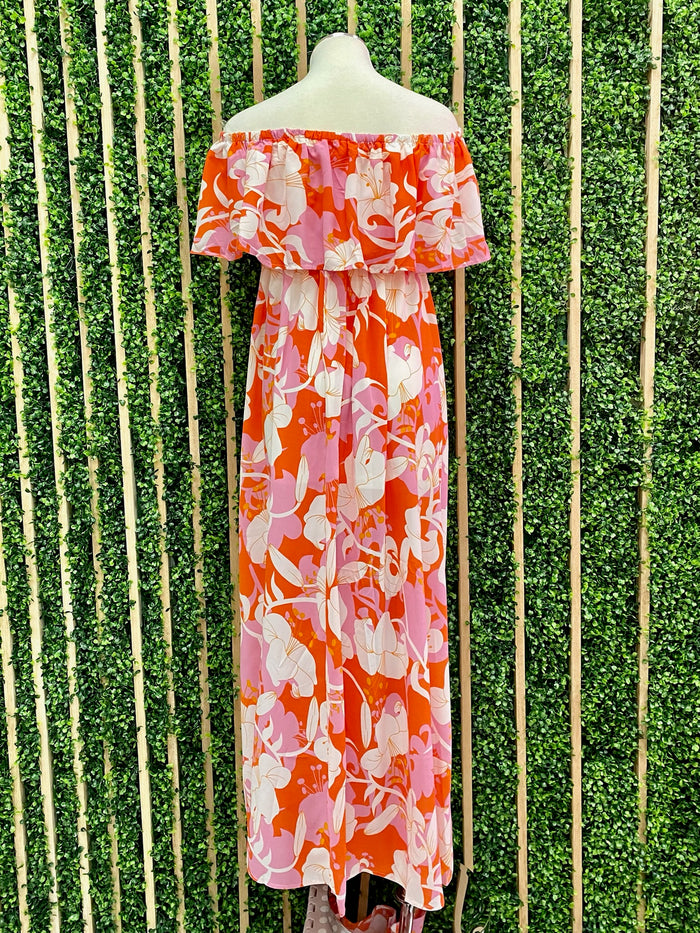 Pink Orange Strapless Floral Maxi