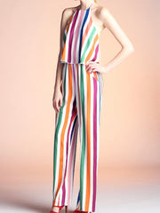 Bright Rainbow Stripe Halter Jumpsuit