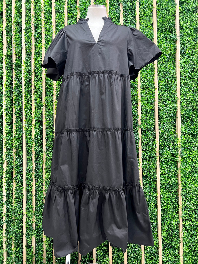 Black Balloon Sleeve Tiered Midi Dress