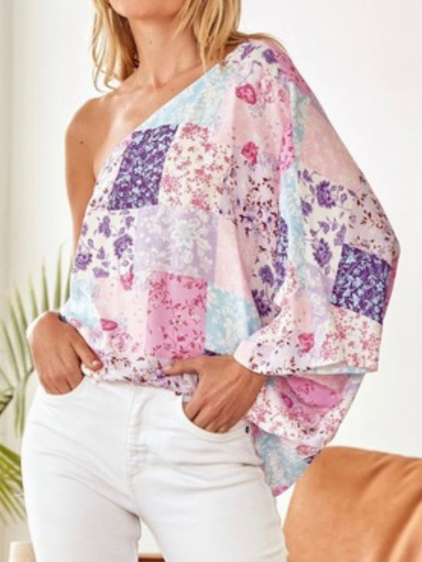 Pink Multi Patchwork One Shoulder Top