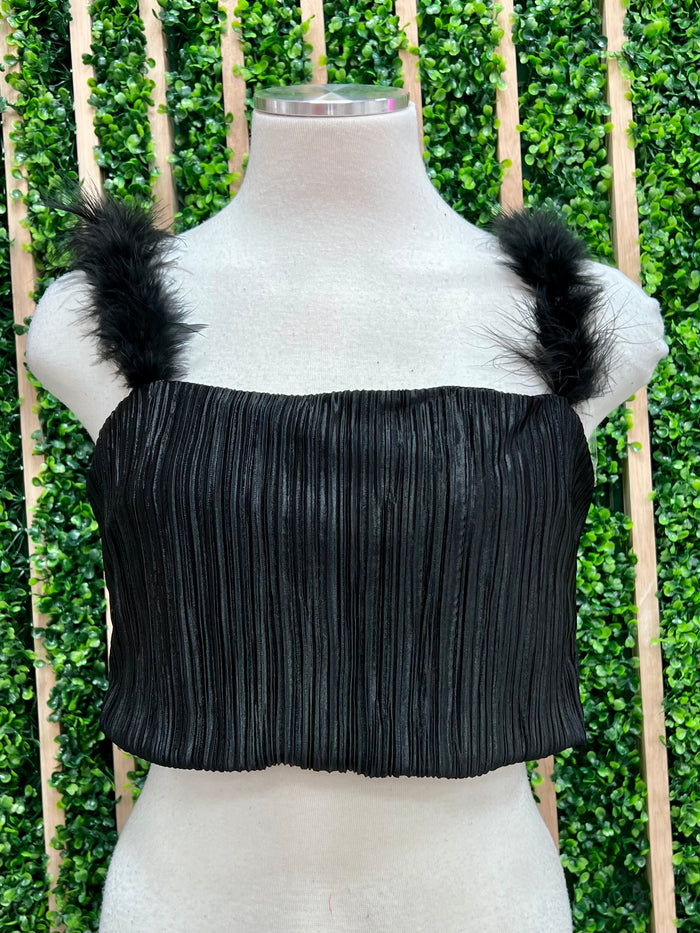 Black Feather Strap Dressy Crop Top