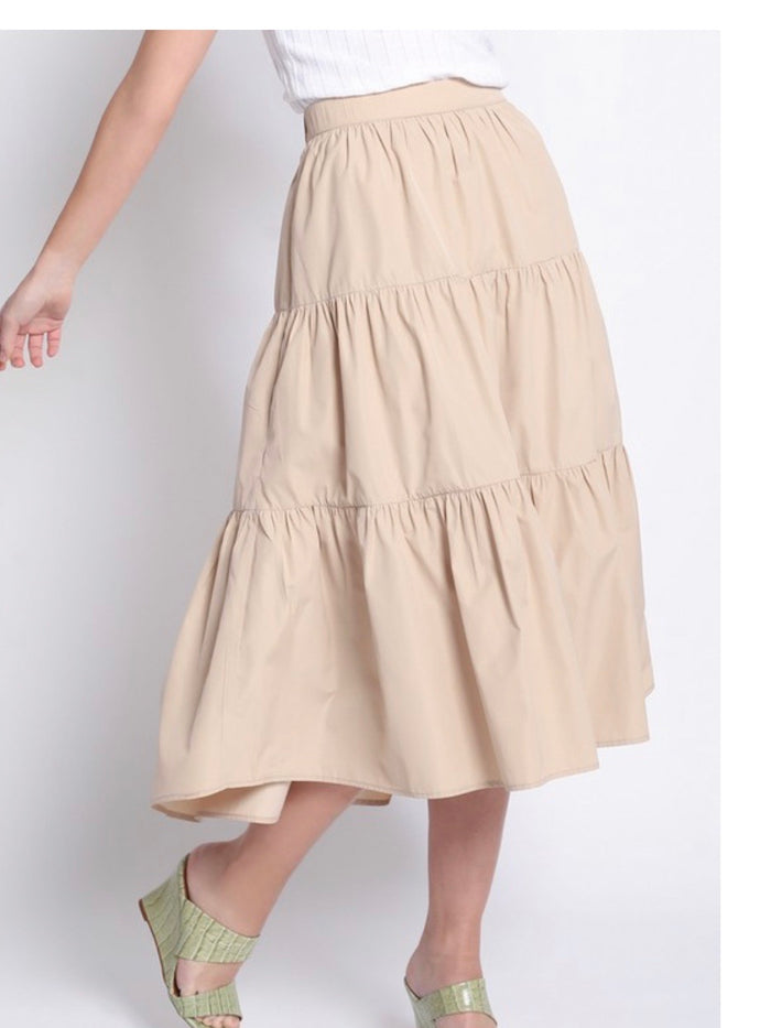 Beige Tiered Midi Skirt