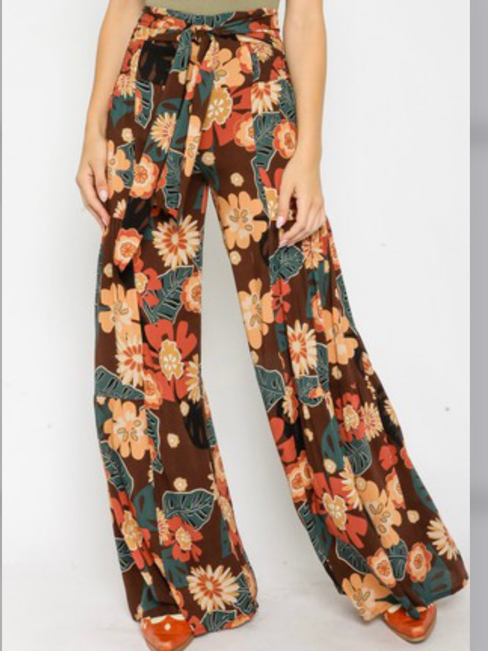 Brown Salmon Floral Tiered Palazzo
