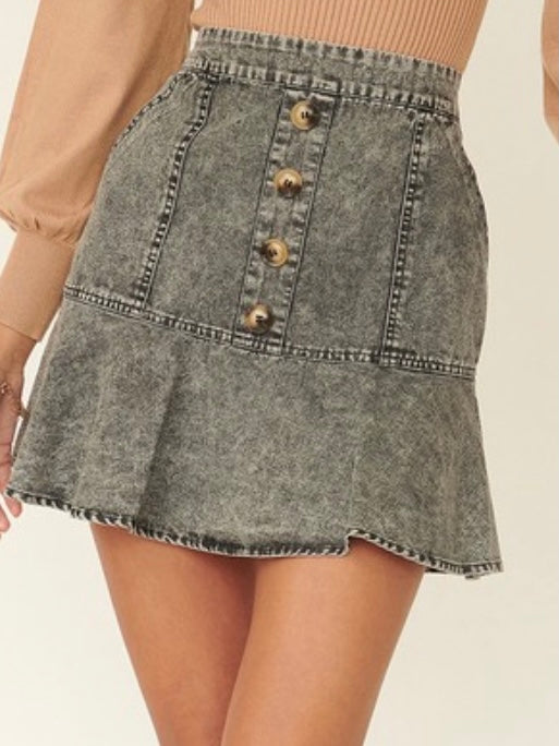 Acid Wash Denim Ruffled Drop Waist Skirt