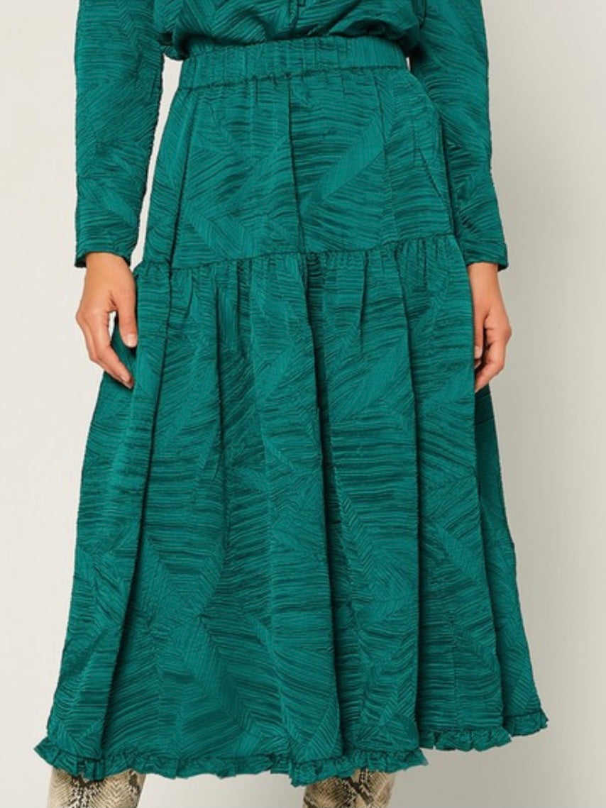 Emerald Green Textureed Tiered Midi Skirt