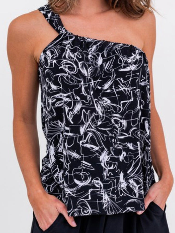 Black White Abstract One Shoulder TOp