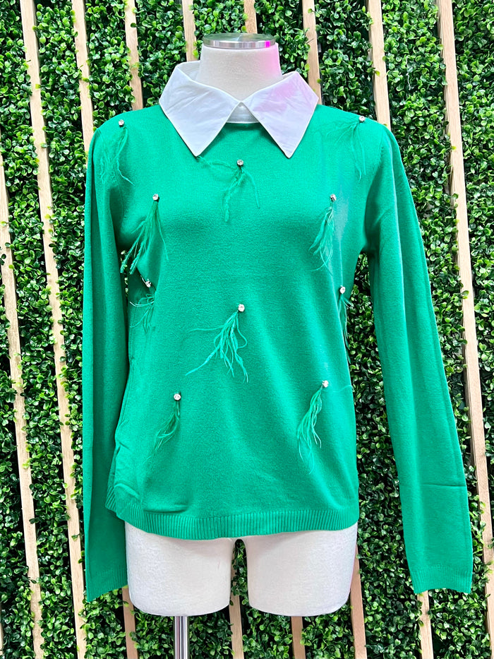 Green Collared Rhinestone Sweater