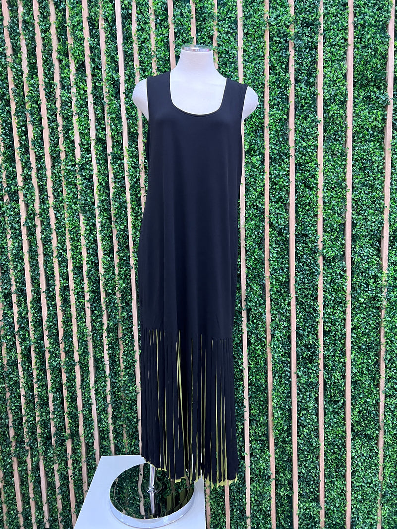 Eva Varro Exquisite Black Green Reversible Fringe Midi Dress