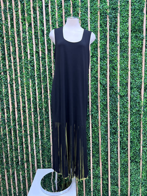 Eva Varro Exquisite Black Green Reversible Fringe Midi Dress