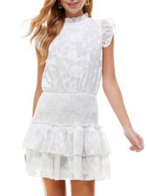 White Embossed Smocked Tiered Dress