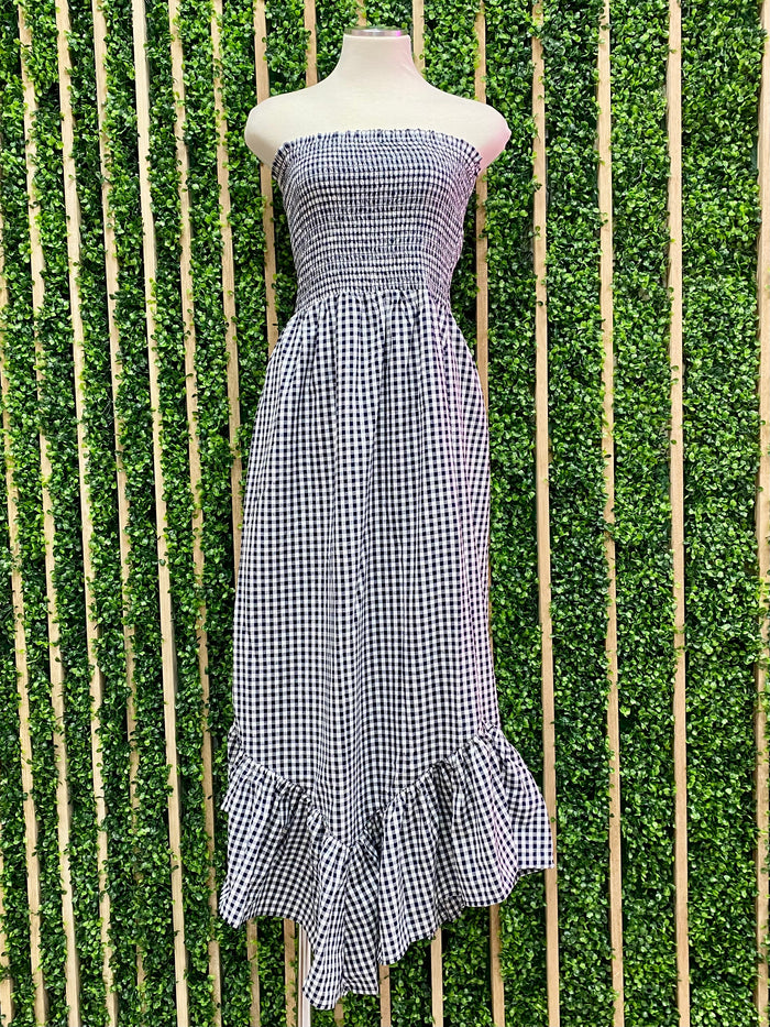 Navy Checkered Strapless Dress