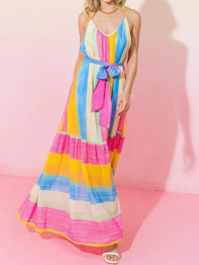 Pink Blue Stripe Block Maxi Dress