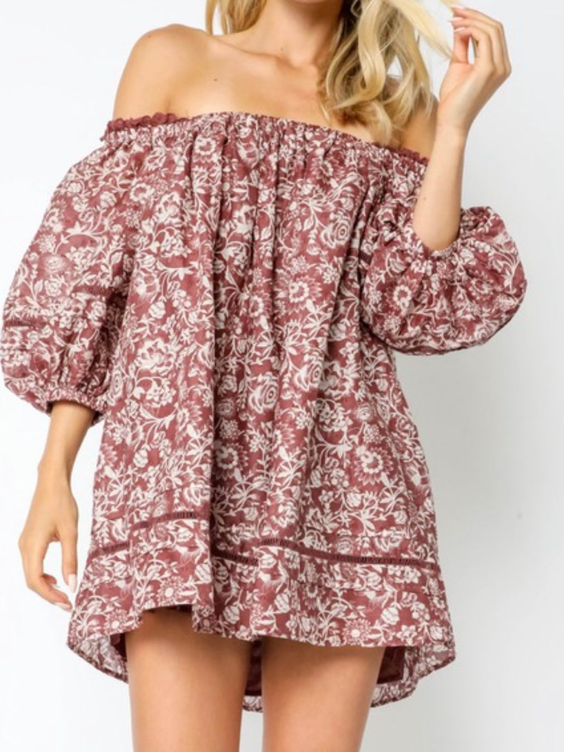 Mauve Floral Off Shoulder Boho Dress