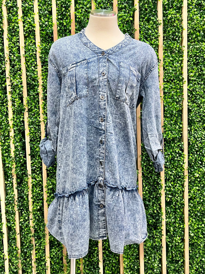 Blue Washed Chambray Drop Waist Short