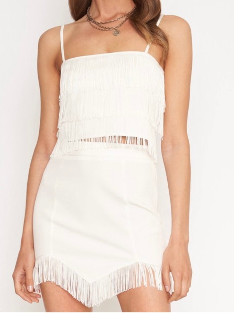 White Fringe Detail Short Skirt Set