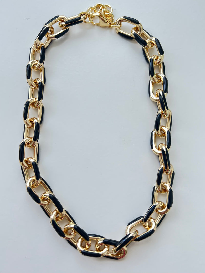 Large Gold Black Enamel Paperclip Necklace