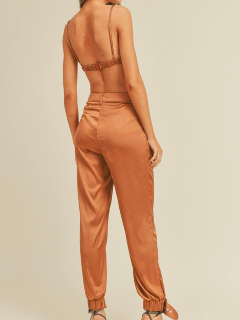 Satin Caramel Crop / Jogger Set