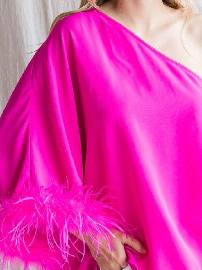 Hot Pink One Shoulder Feather Top