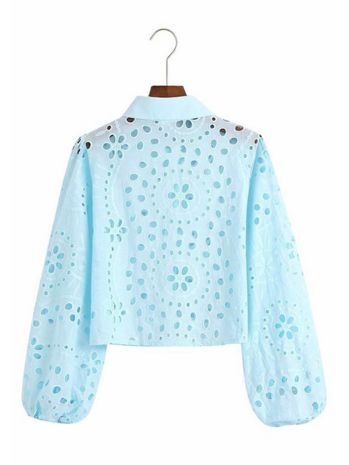 Blue Eyelet Puff Sleeve Blouse