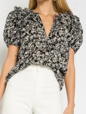 B&W Paisley Ruffle Puff Sleeve Top