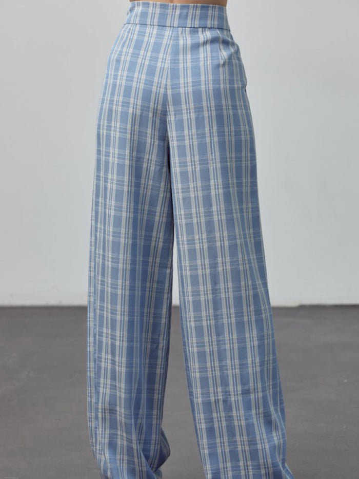 Blue Plaid High Waist Pants