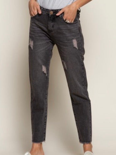 Black Desitressed Cropped Denim