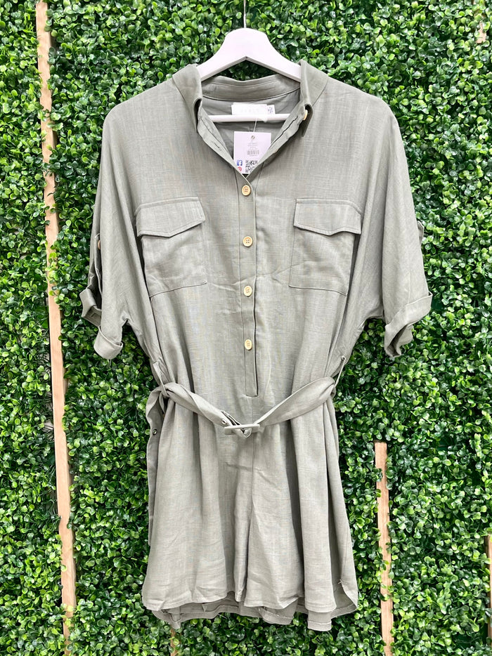 Linen Belted Utility Romper