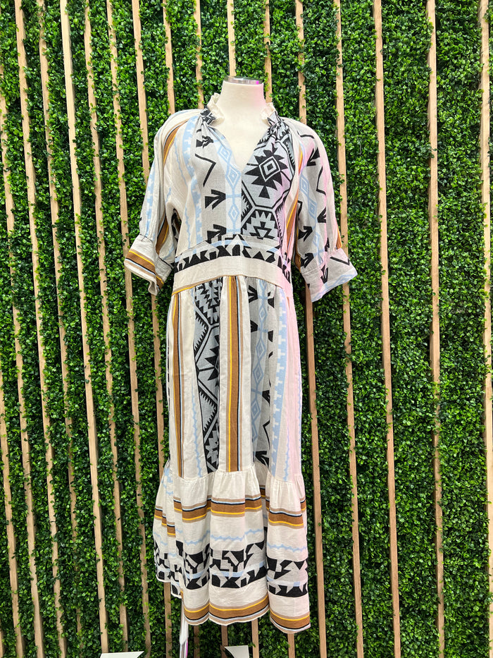 Exquisite Aztec Print Mid Sleeves Maxi