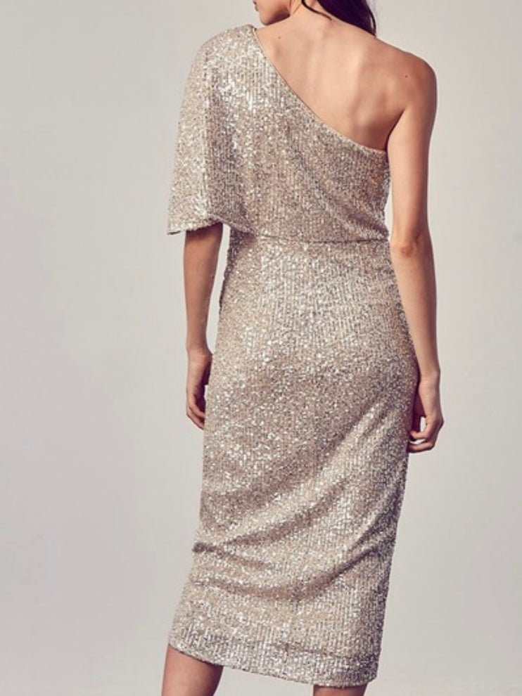 Sequin One Shoulder Midi Dress