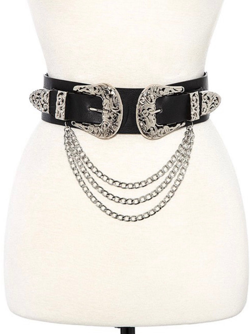Filigree Buckle Draped Chain Belt