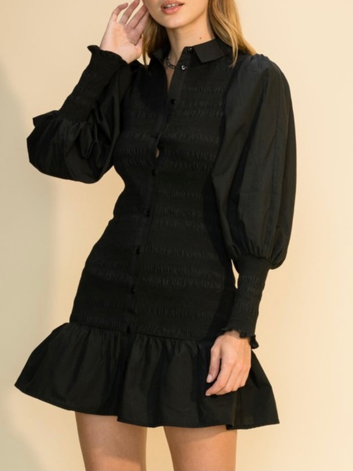 Balloon Sleeve Smocked Shirt Dress