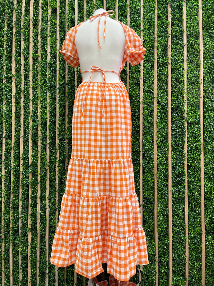 Orange Gingham Open Back Maxi Dress