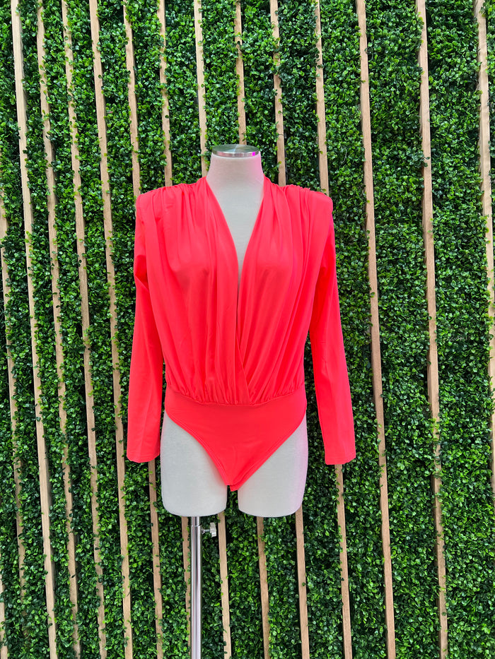 Neon Pink Cowl Neck Long Sleeve Bodysuit
