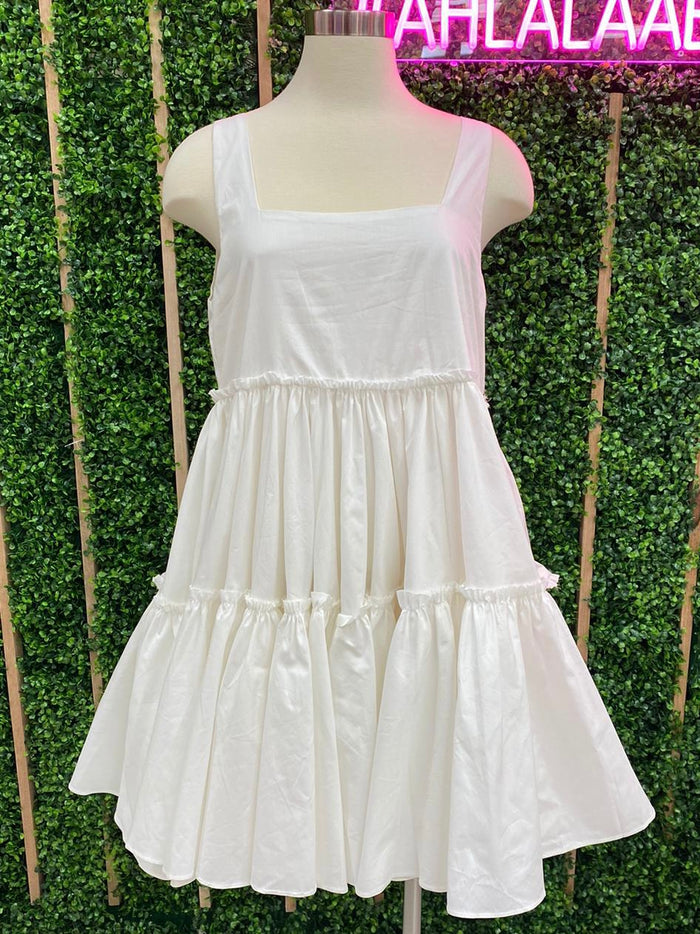 White Square Neck Tiered Short Dress