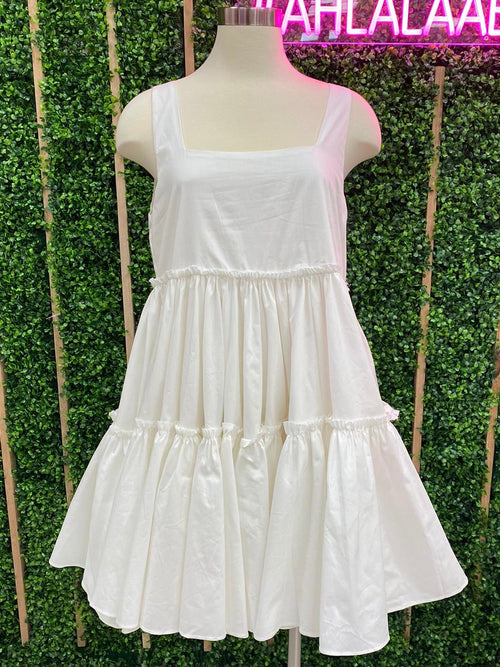 White Square Neck Tiered Short Dress