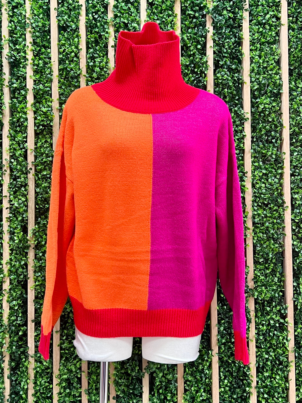 Fuchsia Orange Red Color Block Sweater