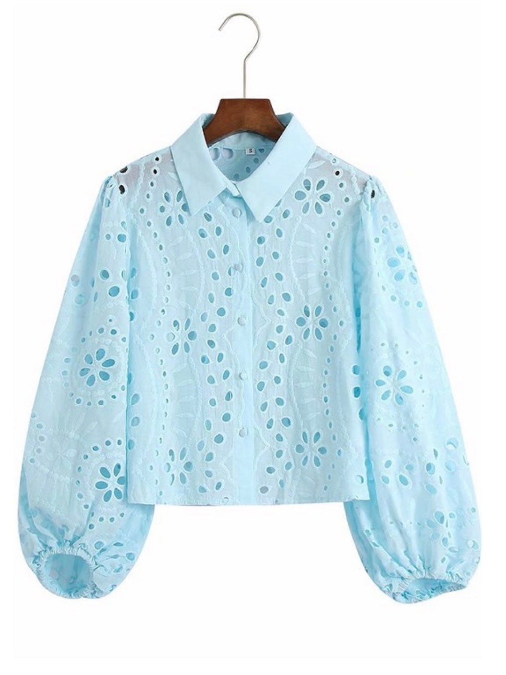 Blue Eyelet Puff Sleeve Blouse