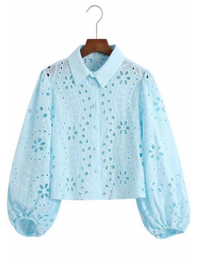 Blue Eyelet Puff Sleeve Blouse