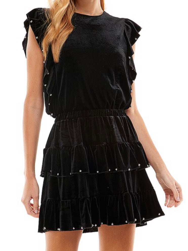 Black Velvet Ruffle Trim Dress