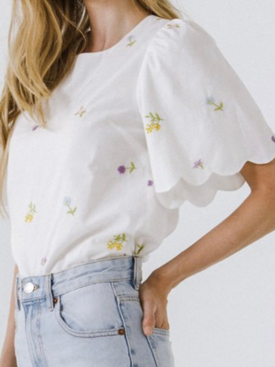 Embroidered Scallop Edge Blouse