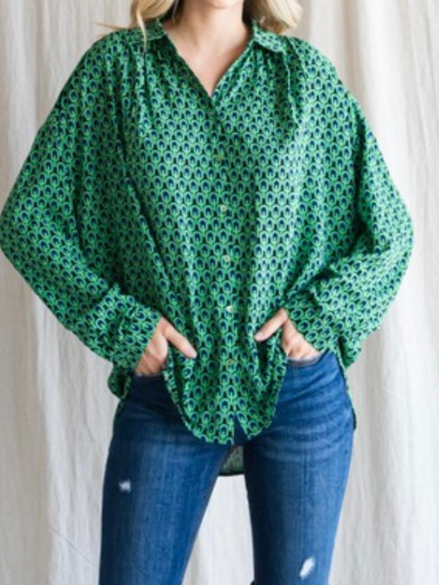 Geo Green Print Button Down Blouse