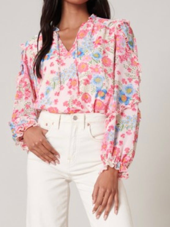 Pink Floral Long Sleeve Blouse