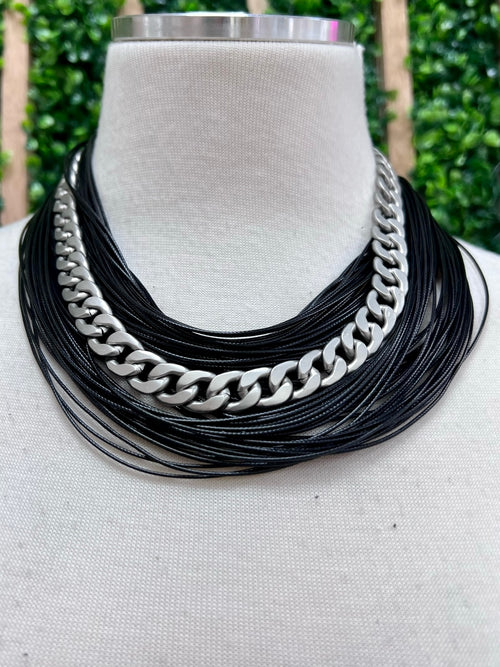 Black Cords Silver Chain Short Necklace
