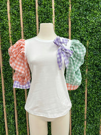 Color Block Checker Puff Sleeve Top
