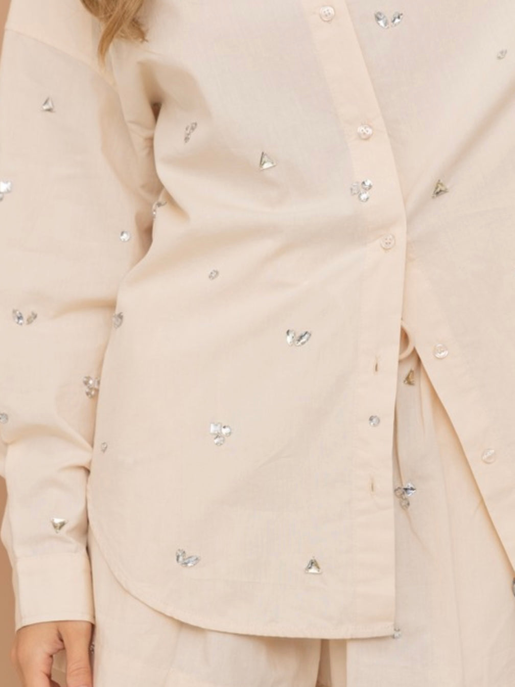 Cream Rhinestone Detail Short Pant Set