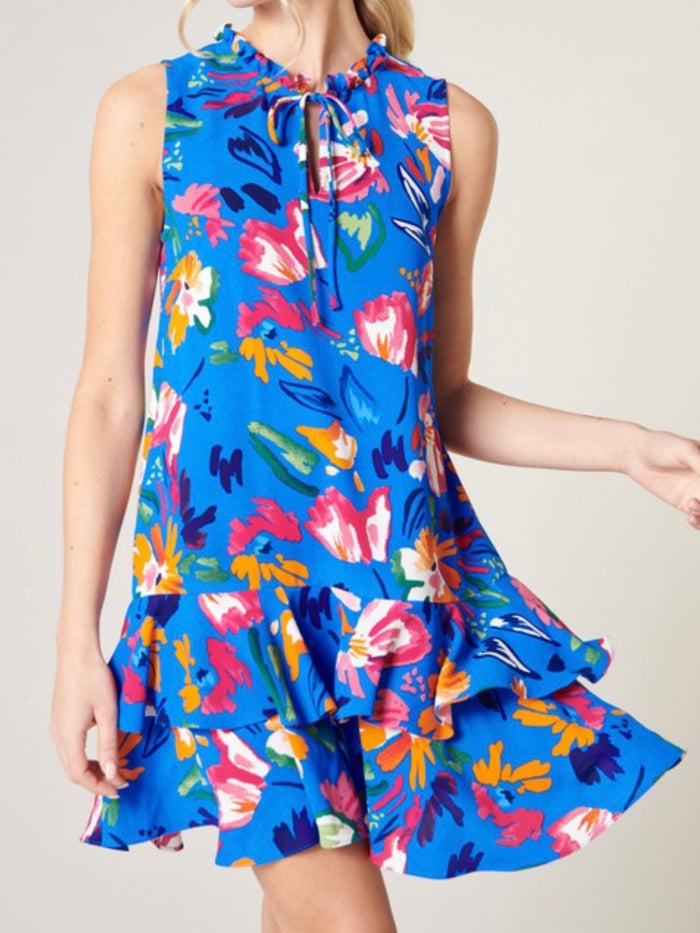 Blue Pink Floral Drop Waist Dress